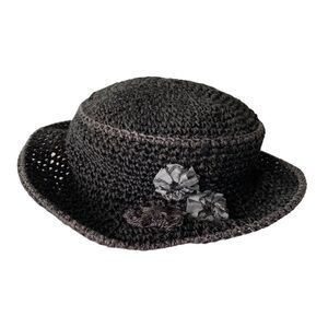 Katie Sheckler Black Crochet Hat Floral Detail Round Brim